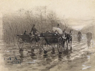 Zwei Kutschen auf der Straße im Frühling